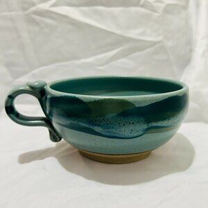 Signed Art Pottery soup mug bowl Teal Blue green glaze Thumb Rest